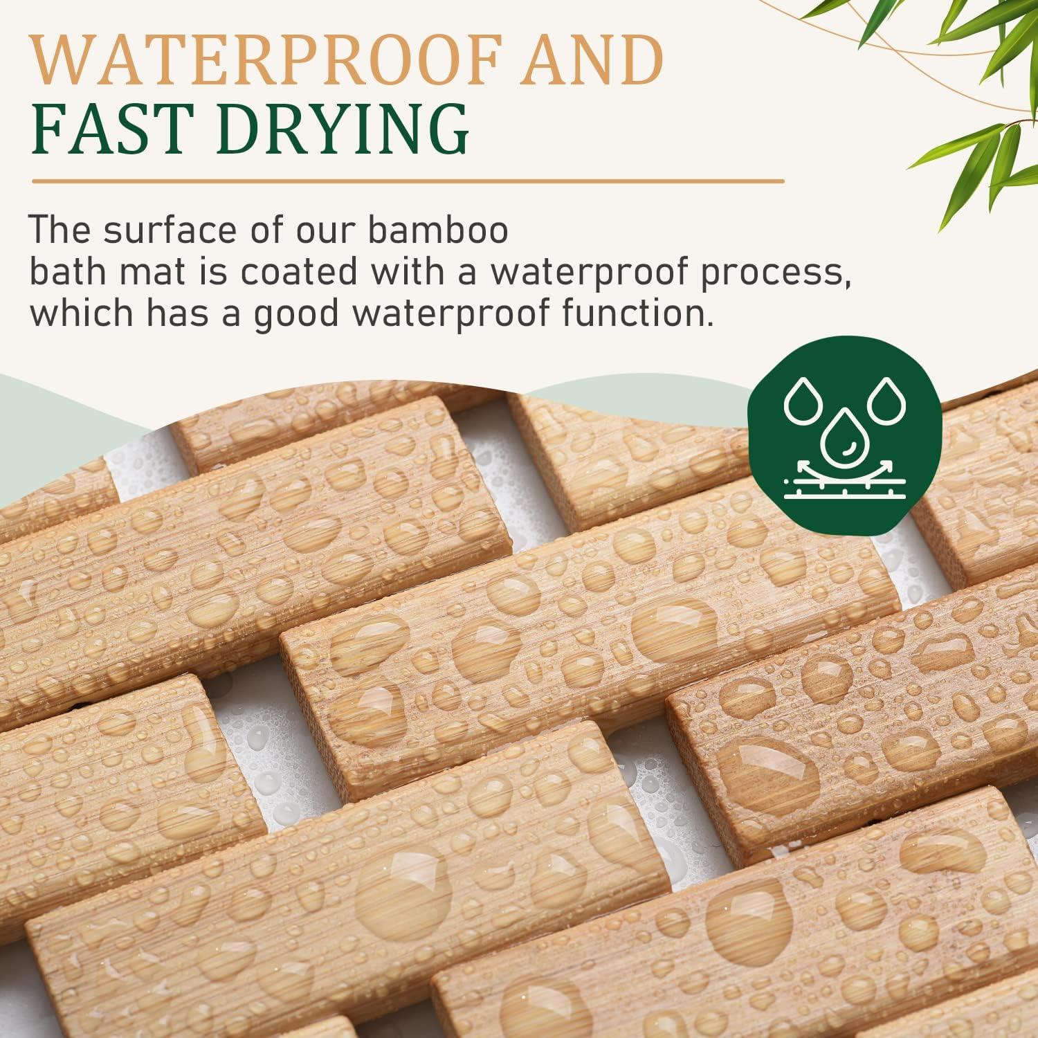 imagedownluxe Bamboo Bath Mat for Bathroom  Waterproof Bamboo Shower Mat Non Slip Foldable Bathroom Floor Mat for Indoor ampamp Outdoor Natural Color 15quot X 27quot Medium27 x 15 Rectangular