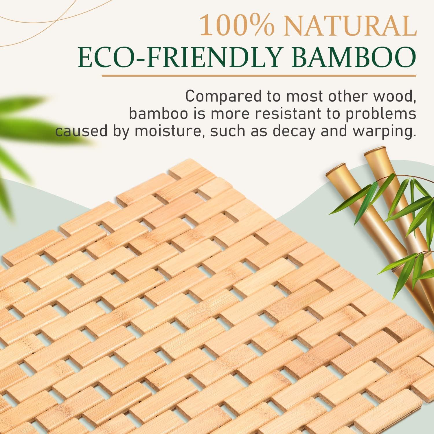 imagedownluxe Bamboo Bath Mat for Bathroom  Waterproof Bamboo Shower Mat Non Slip Foldable Bathroom Floor Mat for Indoor ampamp Outdoor Natural Color 15quot X 27quot Medium27 x 15 Rectangular