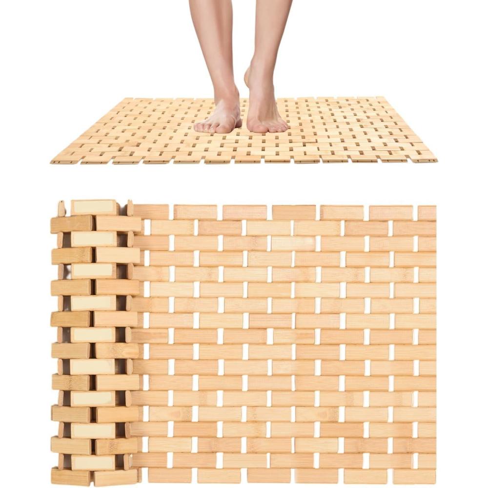 imagedownluxe Bamboo Bath Mat for Bathroom  Waterproof Bamboo Shower Mat Non Slip Foldable Bathroom Floor Mat for Indoor ampamp Outdoor Natural Color 15quot X 27quot Medium27 x 15 Rectangular