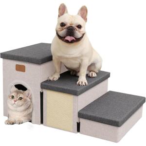 imagedownluxe Dog Stairs for Small Dogs Foldable Dog Steps for Bed Sofa and Chair NonSlip Pet Steps with Cat Scratcher and Condo 3Step Pet Stairs GreyBeigeGreyBeige