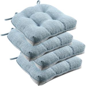 imagedownluxe Indoor Chair Cushions for Dining Chairs Tufted Overstuffed Textured Foam Kitchen Chair Pads with Ties and NonSlip Backing 155quot x 155quot x 4quot Dark Grey 4 PackLight Blue
