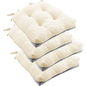 imagedownluxe Indoor Chair Cushions for Dining Chairs Tufted Overstuffed Textured Foam Kitchen Chair Pads with Ties and NonSlip Backing 155quot x 155quot x 4quot Dark Grey 4 PackBeige