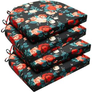 imagedownluxe Outdoor Chair Cushions Set of 4 for Patio Furniture WaterResistant Square Corner Patio Chair Cushions with Ties High Density Foam Outdoor Seat Cushion 185quot X 16quot X 3quot BlackElegant Rose