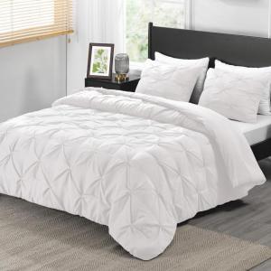 imagedownluxe Pintuck Queen Comforter Set with 2 Pillow Shams  3Piece  White Queen Bed Comforter Set for All Seasons Pinch Pleat Microfiber Down Alternative Bedding Comforter Sets