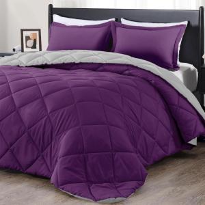 imagedownluxe Queen Comforter Set  Charcoal and Grey Queen Comforter Soft Bedding Sets for All Seasons 3 Pieces  1 Comforter 88quotx92quot and 2 Pillow Shams20quotx26quotPurpleGrey