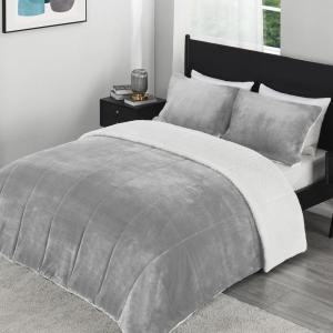imagedownluxe UltraSoft Micromink Sherpa Queen Comforter Set with 2 Pillow Shams  3Piece Set  Dark Grey  Plush Warm Fall Winter Bedding Comforter SetsLight Grey