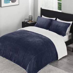 imagedownluxe UltraSoft Micromink Sherpa Queen Comforter Set with 2 Pillow Shams  3Piece Set  Dark Grey  Plush Warm Fall Winter Bedding Comforter SetsNavy