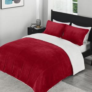imagedownluxe UltraSoft Micromink Sherpa Queen Comforter Set with 2 Pillow Shams  3Piece Set  Dark Grey  Plush Warm Fall Winter Bedding Comforter SetsRed