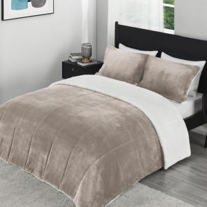 imagedownluxe UltraSoft Micromink Sherpa Queen Comforter Set with 2 Pillow Shams  3Piece Set  Dark Grey  Plush Warm Fall Winter Bedding Comforter SetsSand
