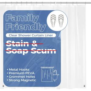 imagedownluxe Waterproof Fabric Shower Curtain Liner Soft Cloth Shower Liner with 3 Magnets Machine Washable ampamp Hotel Quality Bathroom Curtain 70quot W x 72quot L WhiteClearwith Hooks