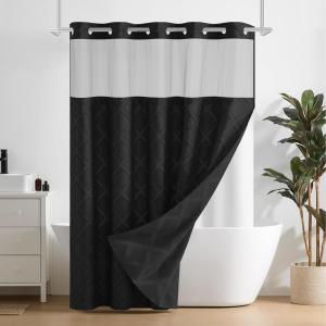 imagedownluxe No Hook Shower Curtain with Snap in LinerWhite Waffle Fabric Shower Curtain Set for BathroomHotel Style DoubleLayer Waterproofing Curtains 71W x 74LBlack