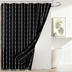 imagedownluxe Linen Texture 3 in 1 Farmhouse Shower Curtain Set with Tassel Boho Fabric Shower Curtains for Bathroom Grey 72W x 72LBlack