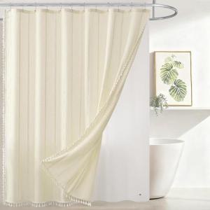 imagedownluxe Linen Texture 3 in 1 Farmhouse Shower Curtain Set with Tassel Boho Fabric Shower Curtains for Bathroom Grey 72W x 72LCream