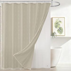 imagedownluxe Linen Texture 3 in 1 Farmhouse Shower Curtain Set with Tassel Boho Fabric Shower Curtains for Bathroom Grey 72W x 72LTaupe