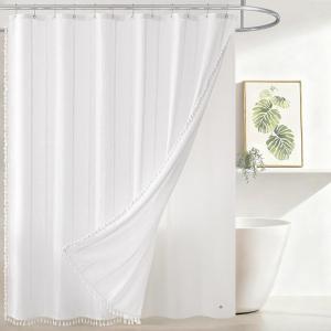 imagedownluxe Linen Texture 3 in 1 Farmhouse Shower Curtain Set with Tassel Boho Fabric Shower Curtains for Bathroom Grey 72W x 72LWhite