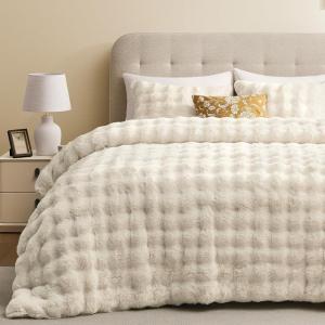 imagedownluxe Queen Comforter Set Fluffy Comforter Faux Fur Comforter Queen Set Faux Rabbit Fur Winter Bedding Set with 2 Pillowcases Light PinkBeige