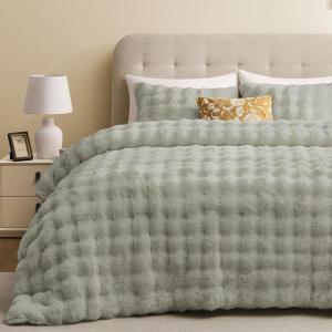 imagedownluxe Queen Comforter Set Fluffy Comforter Faux Fur Comforter Queen Set Faux Rabbit Fur Winter Bedding Set with 2 Pillowcases Light PinkGrey
